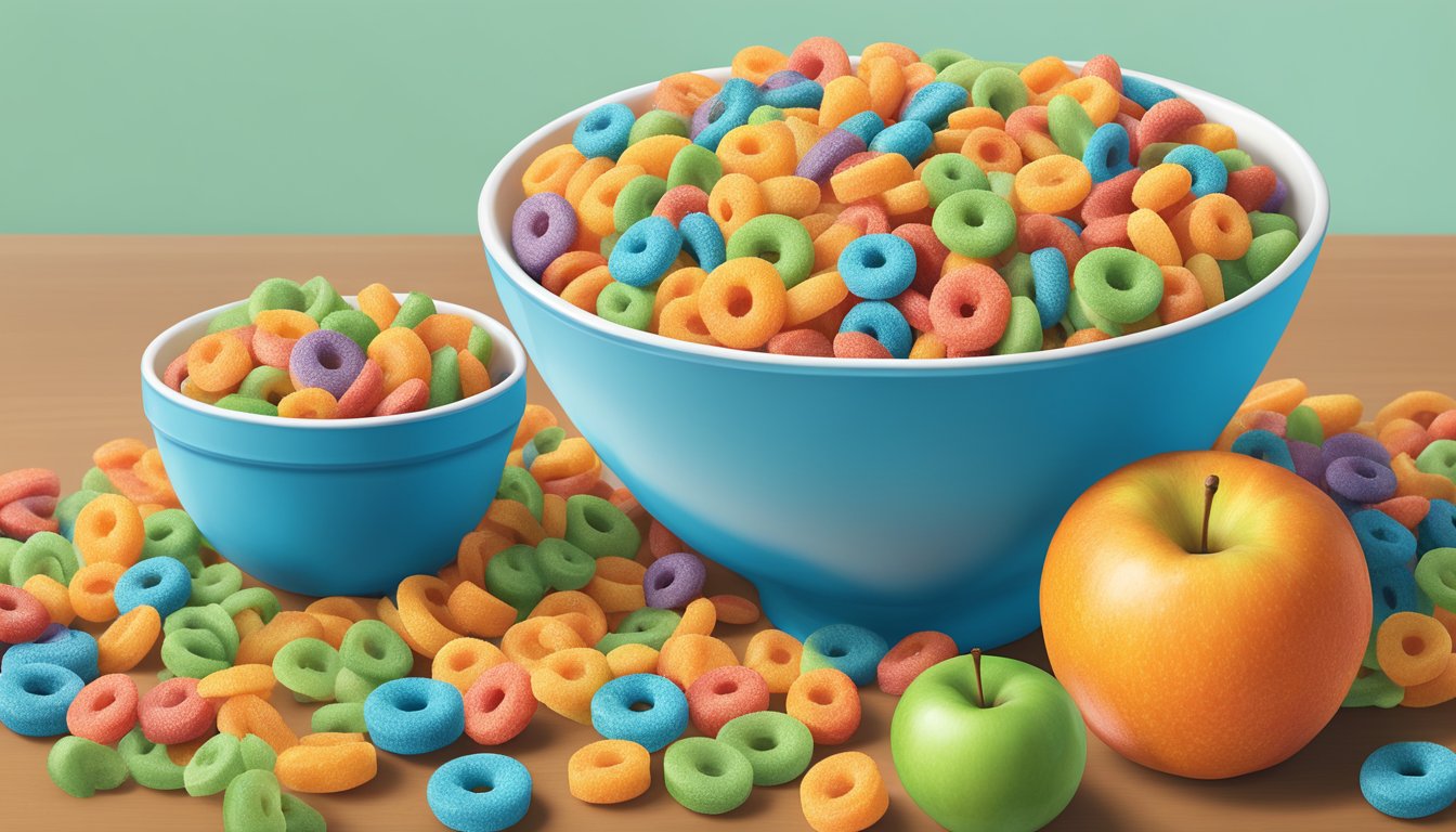 A bowl of Kellogg's Apple Jacks and a bowl of Kellogg's Froot Loops side by side, surrounded by fresh apples and oranges