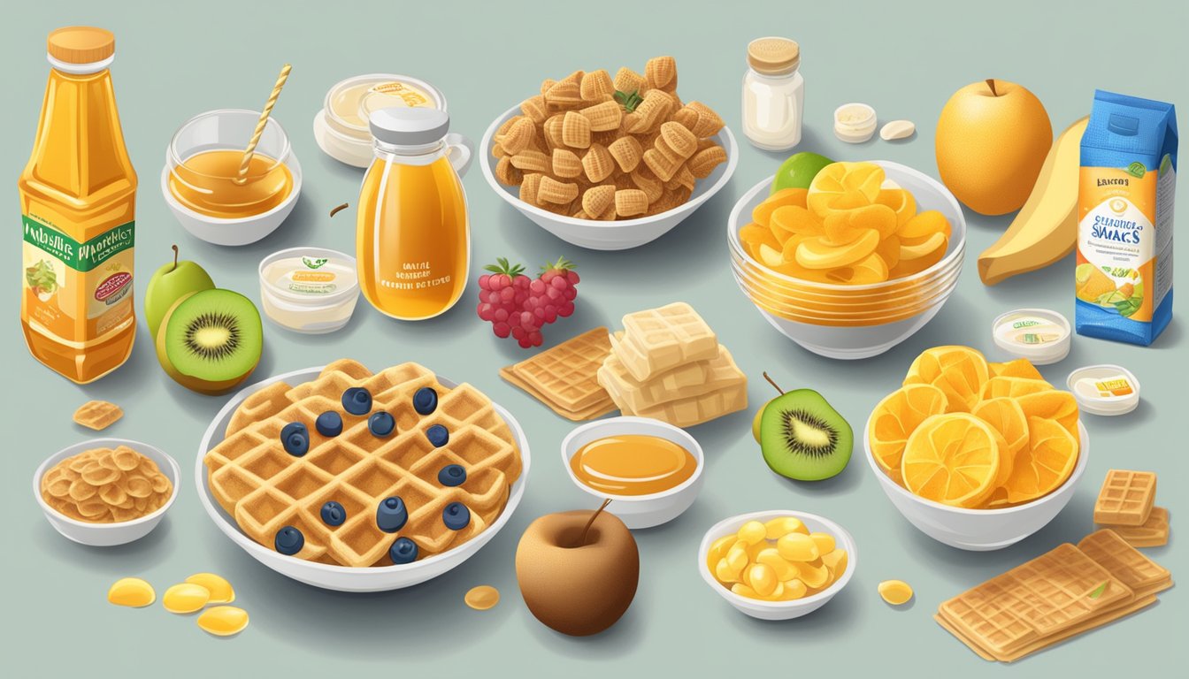 A bowl of honey smacks and a bowl of waffle crisp surrounded by various fruits and nutrition labels