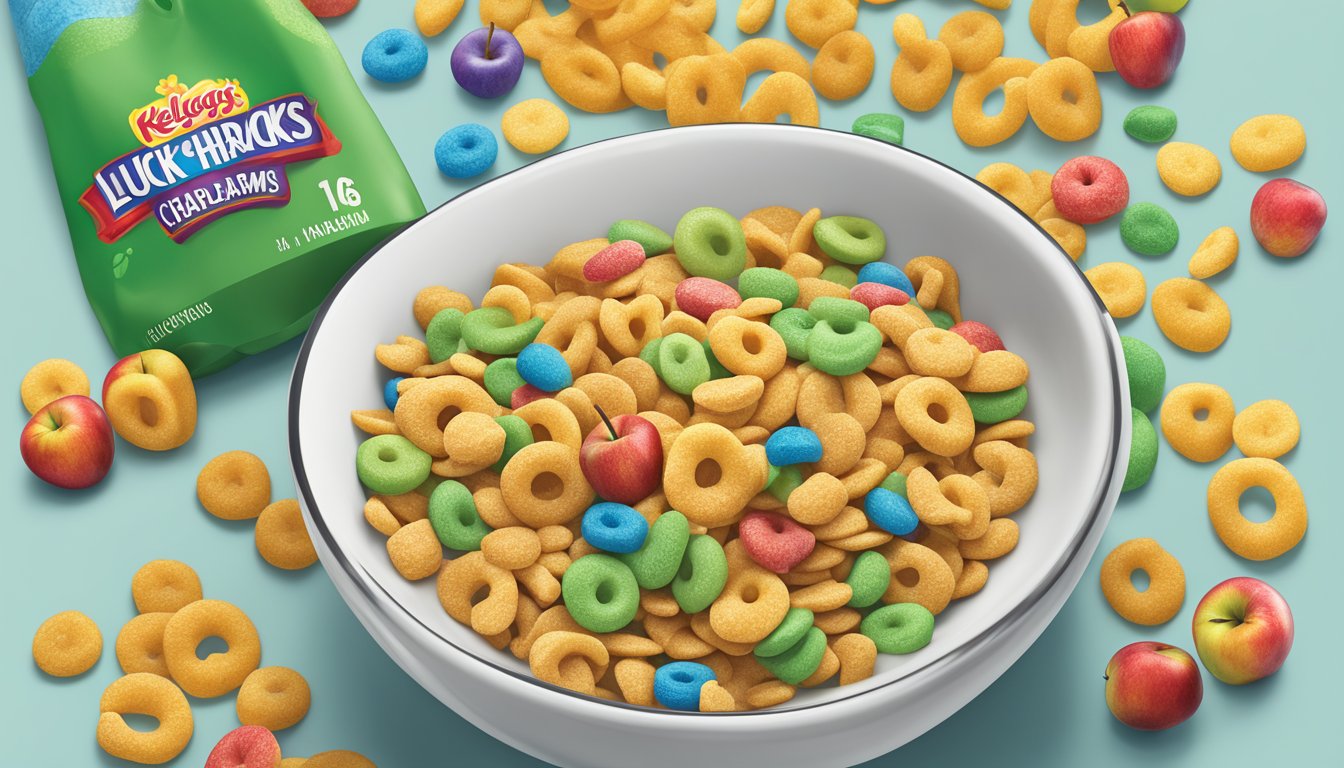 A bowl of Kellogg's Apple Jacks and Lucky Charms cereal with nutritional labels