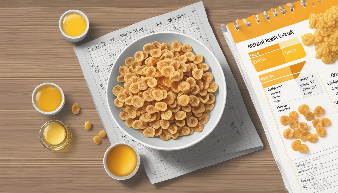 A bowl of honey smacks and waffle crisp cereal next to a nutritional chart, highlighting differences in ingredients and their health implications