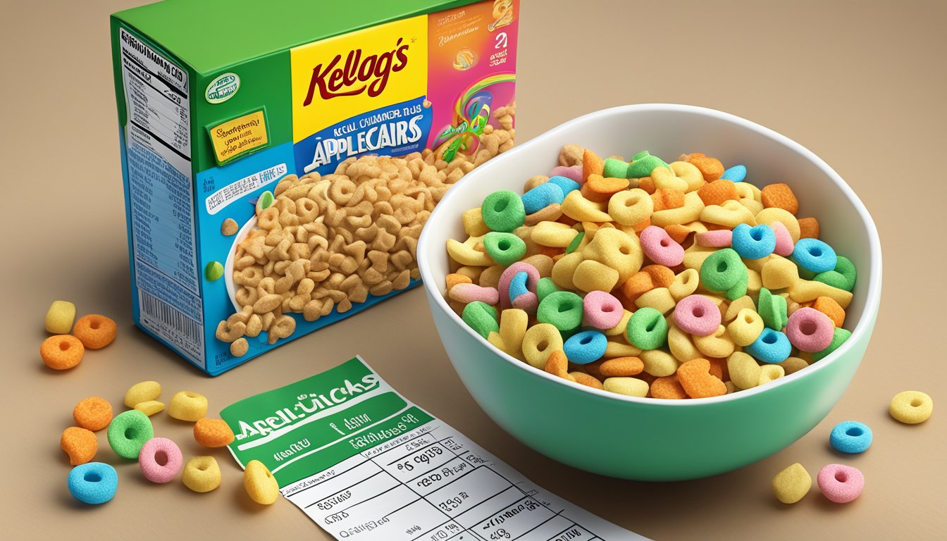 A bowl of Kellogg's Apple Jacks and a bowl of Lucky Charms next to each other, with a measuring tape and a nutrition label in the background