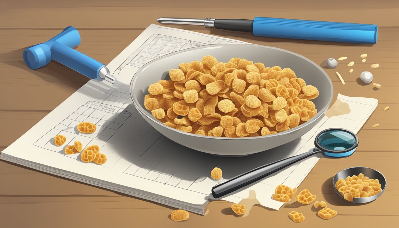 A bowl of honey smacks and waffle crisp cereal next to a magnifying glass and measuring tools for texture and taste analysis