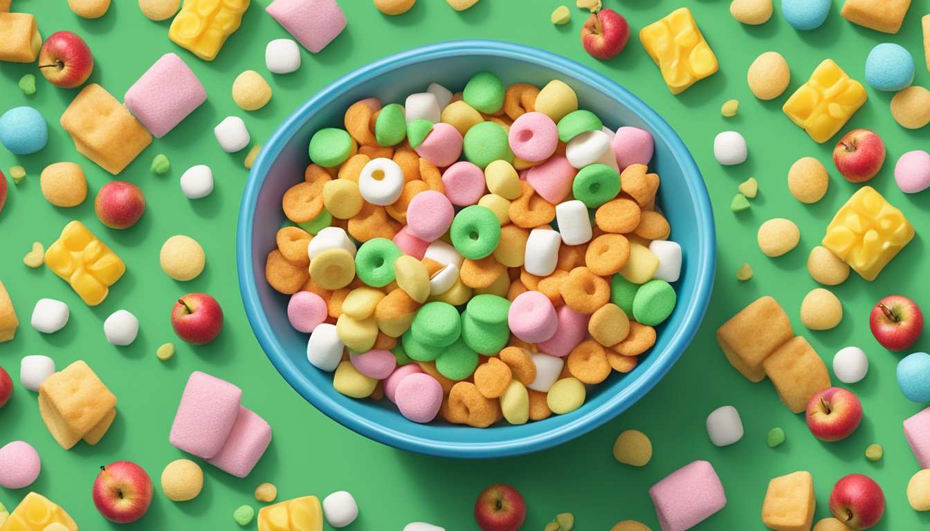 A bowl of Kellogg's Apple Jacks and a bowl of Lucky Charms side by side, surrounded by fresh apples and colorful marshmallows