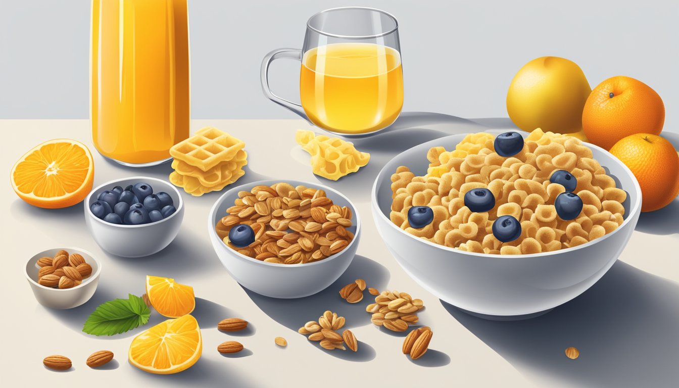 A bowl of honey smacks and waffle crisp cereal next to a variety of fresh fruits and nuts, with a glass of orange juice on the side