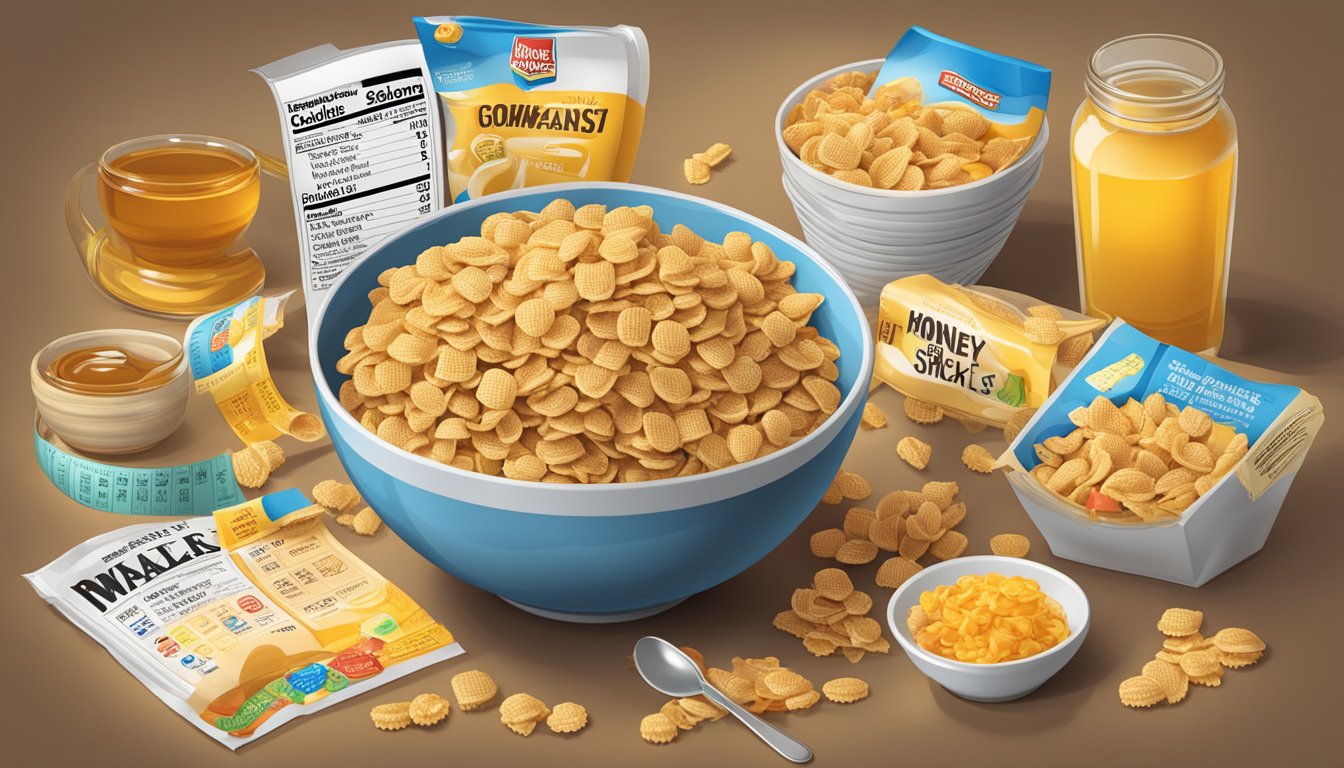 A bowl of Honey Smacks and Waffle Crisp cereal boxes surrounded by nutritional labels and a measuring tape