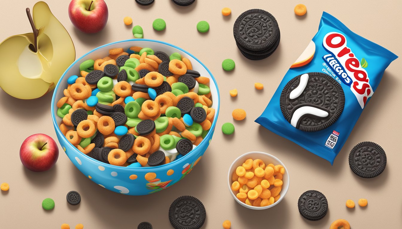 A bowl of Kellogg's Apple Jacks cereal next to a bowl of Oreo O's, surrounded by fresh apples and Oreos