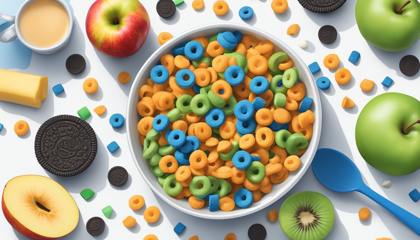 A colorful bowl of Kellogg's Apple Jacks and Oreo O's with milk, surrounded by scattered pieces of fruit and a nutritional label comparison chart