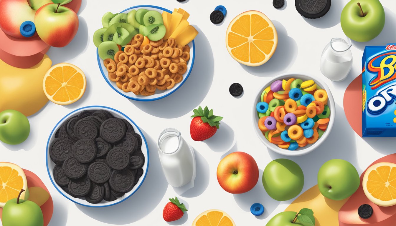 A bowl of Kellogg's Apple Jacks and a bowl of Oreo O's surrounded by various fruits and milk cartons