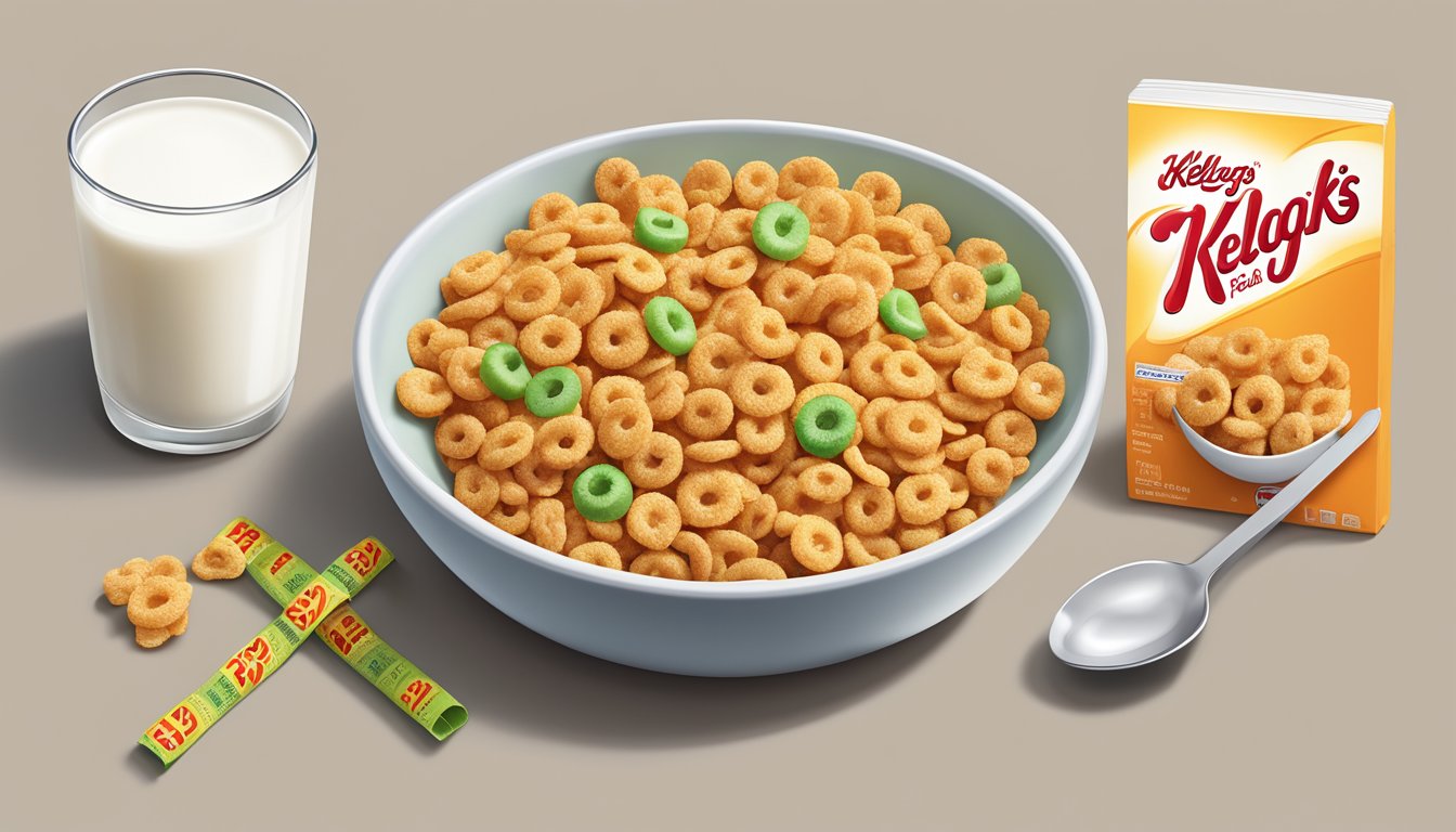 A bowl of Kellogg's Apple Jacks and Special K cereal side by side with a glass of milk, a spoon, and a measuring tape for comparison