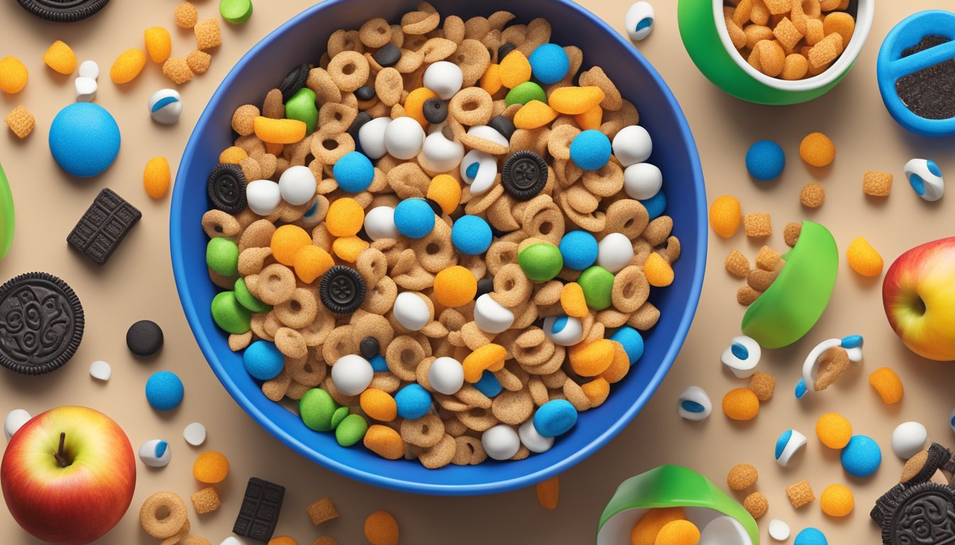 A colorful cereal bowl with Kellogg's Apple Jacks and Oreo O's, surrounded by various ingredients and additives