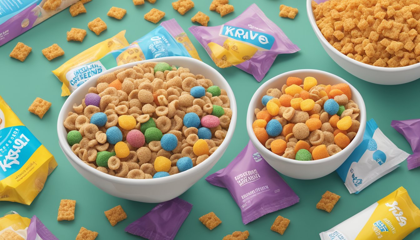 A bowl of Kaboom and Krave cereals side by side, with nutritional information and ingredients displayed next to each