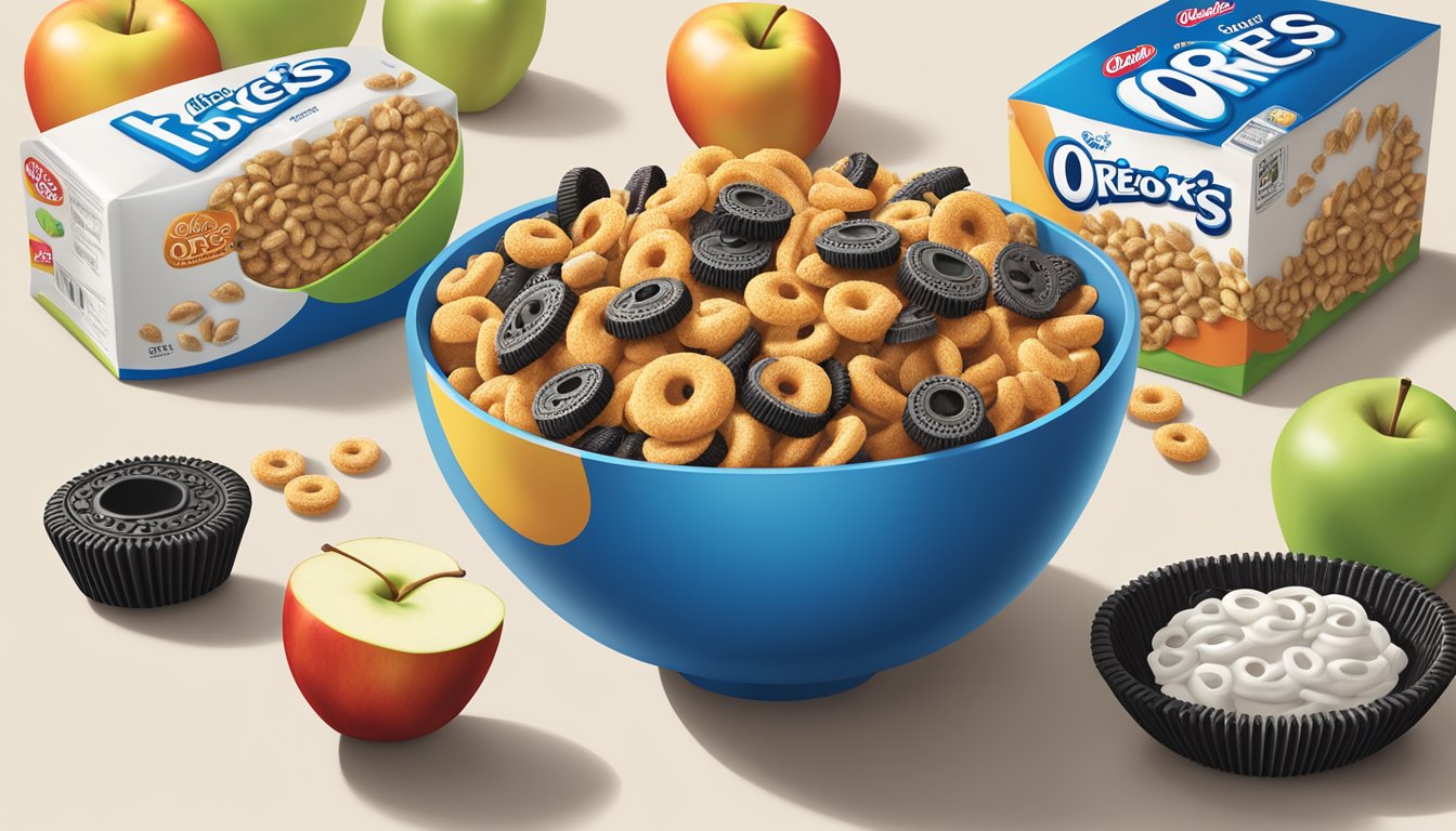 A bowl of Kellogg's Apple Jacks and Oreo O's side by side, surrounded by fresh apples and oats