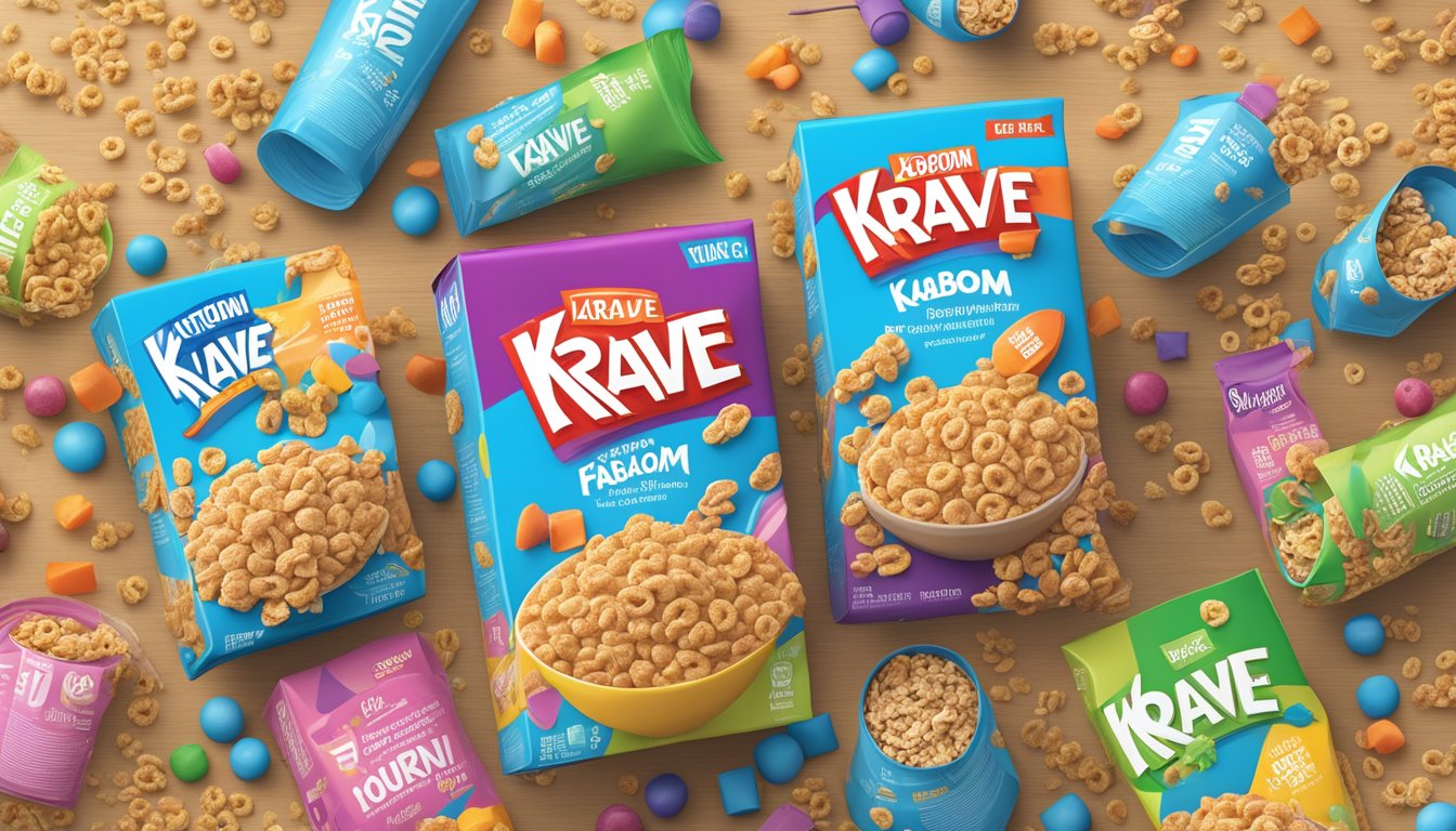 A colorful comparison of Kaboom and Krave cereal boxes with nutritional labels and ingredients scattered around