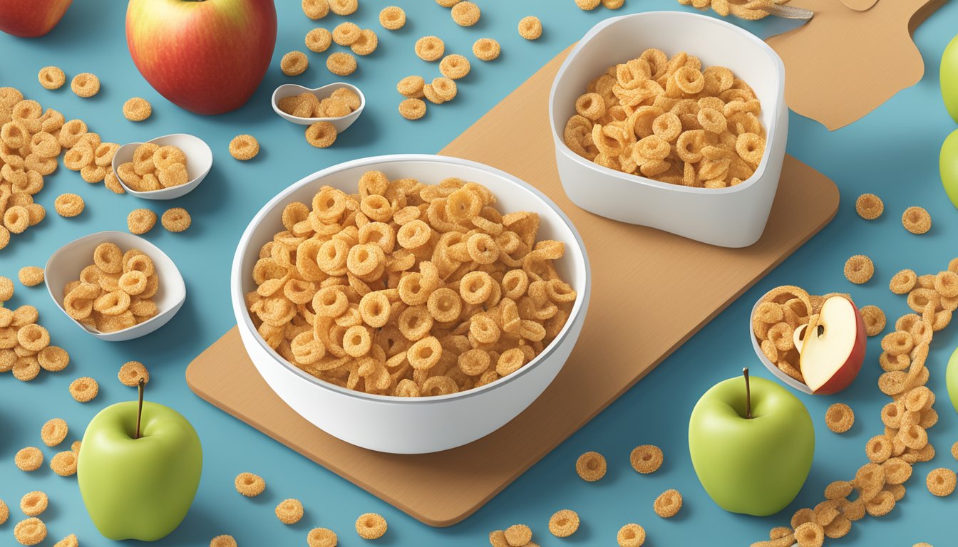 A bowl of Kellogg's Apple Jacks and Special K cereal surrounded by apples and grains, with a tape measure and a heart rate monitor in the background