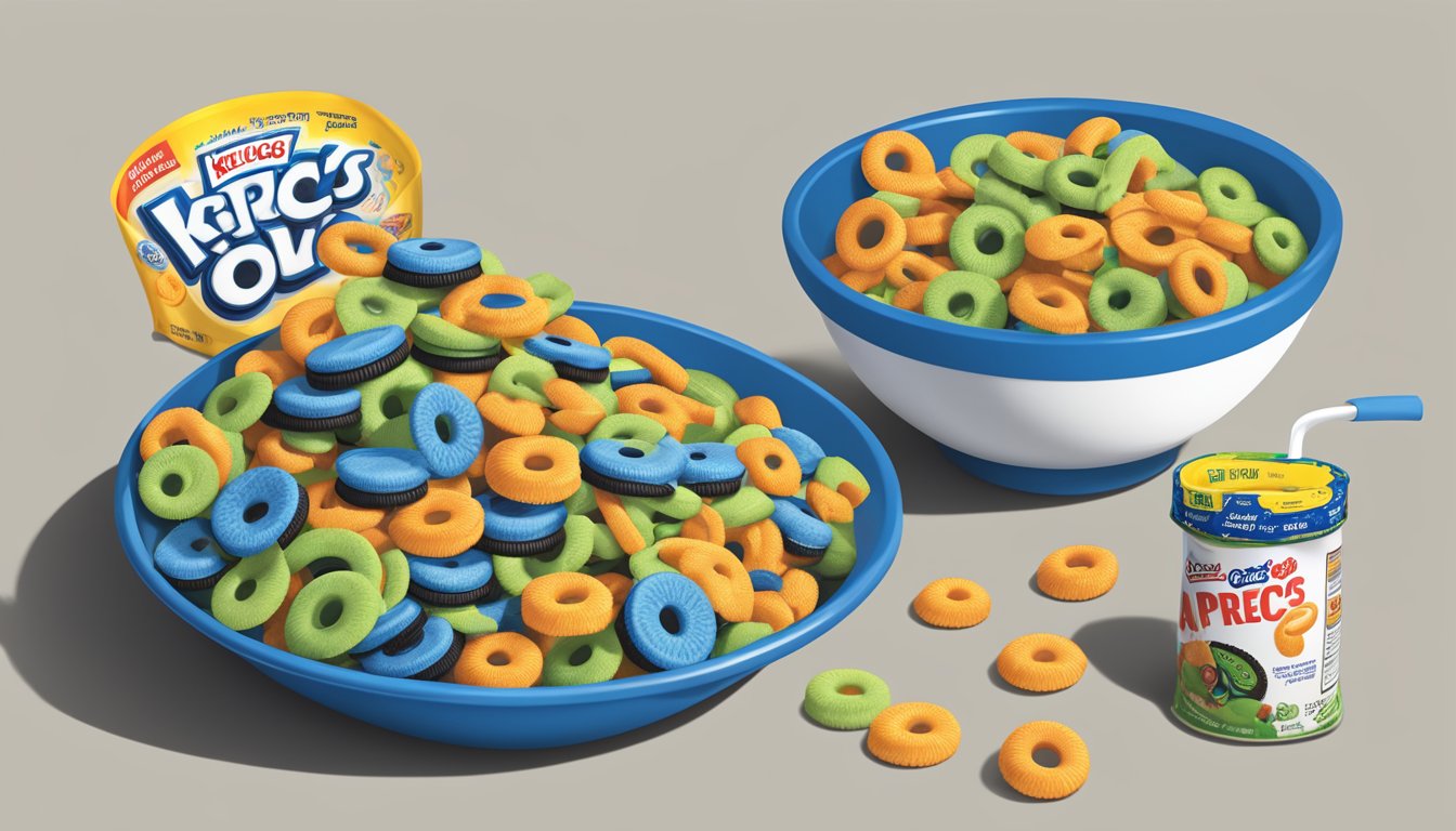 A bowl of Kellogg's Apple Jacks and a bowl of Oreo O's sit side by side, surrounded by nutritional labels and a measuring tape