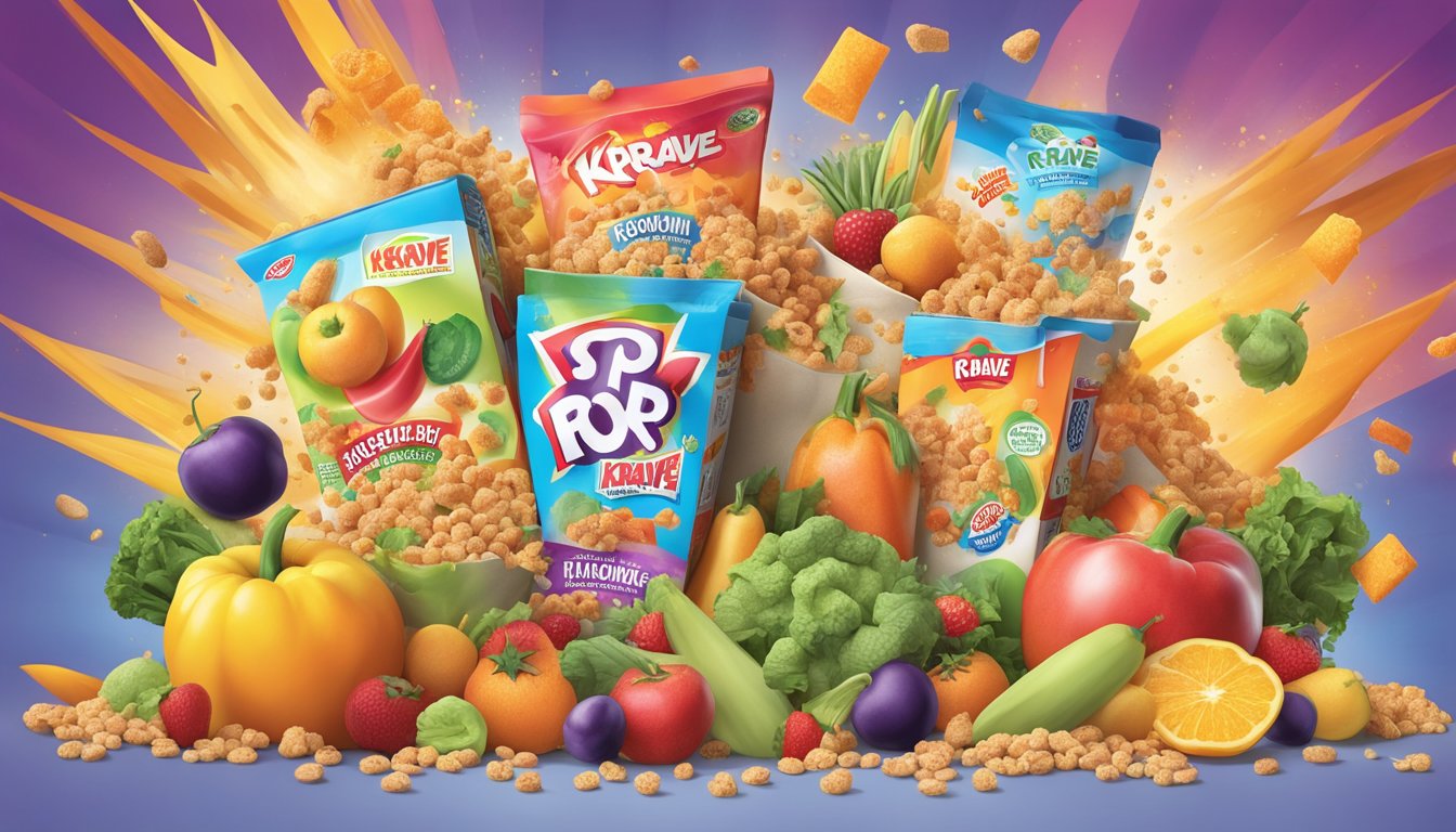 A colorful explosion of fruits and vegetables bursting from a "kaboom" cereal box, while a "krave" box is surrounded by sugar and unhealthy additives