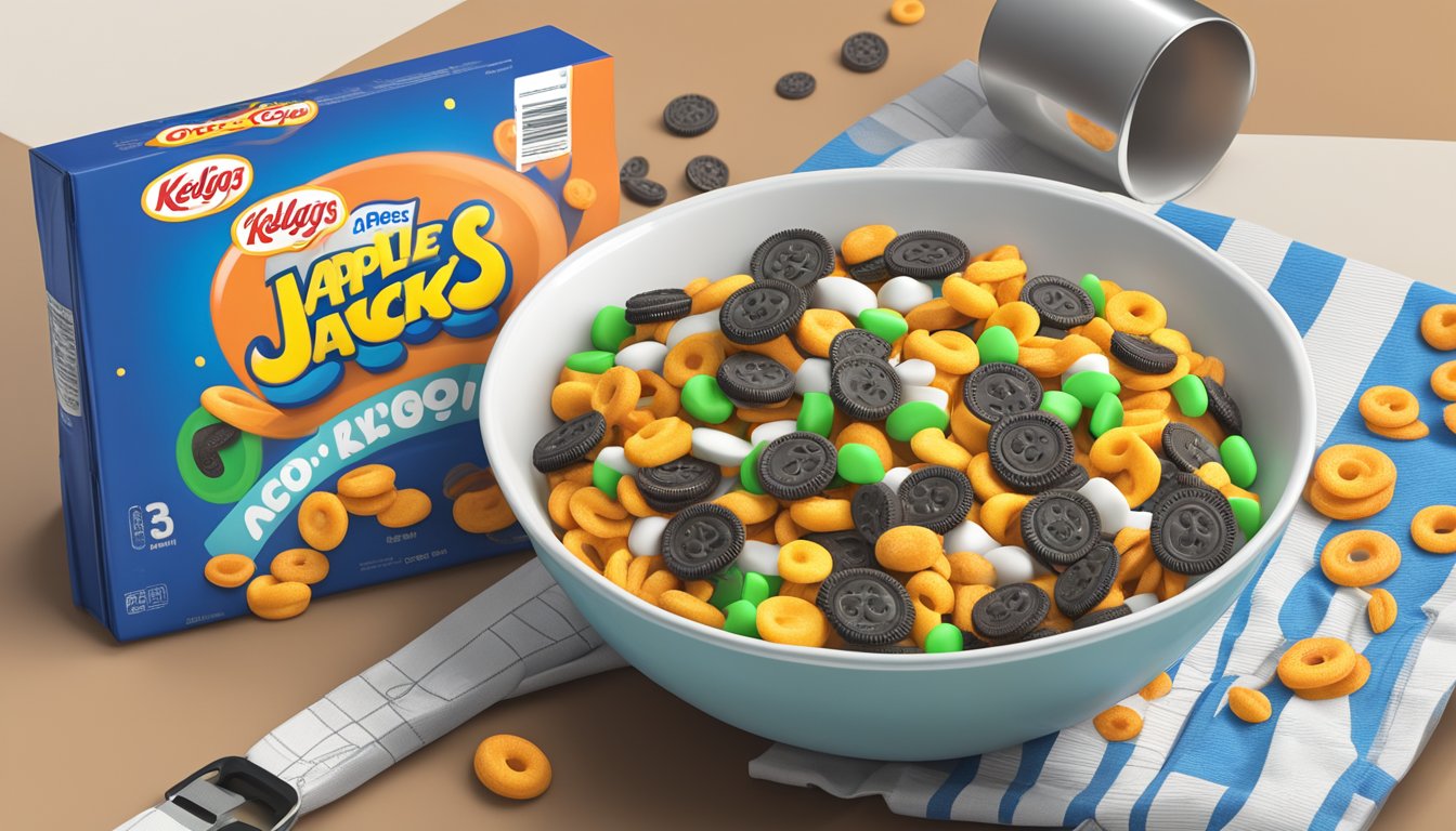 A bowl of Kellogg's Apple Jacks and Oreo O's cereal next to each other, with a measuring tape and a nutrition label in the background