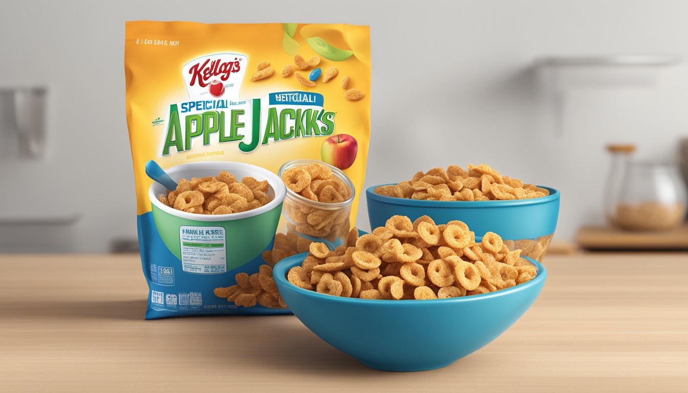 A bowl of Kellogg's Apple Jacks and a bowl of Special K placed side by side with a nutritional label next to each