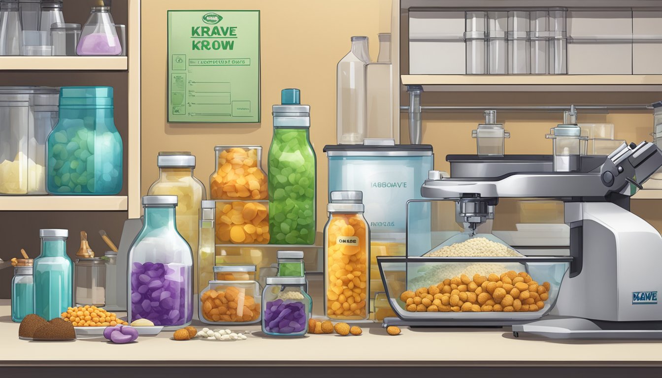 A table with various food packaging, one labeled "kaboom" and the other "krave," surrounded by lab equipment for ingredient analysis