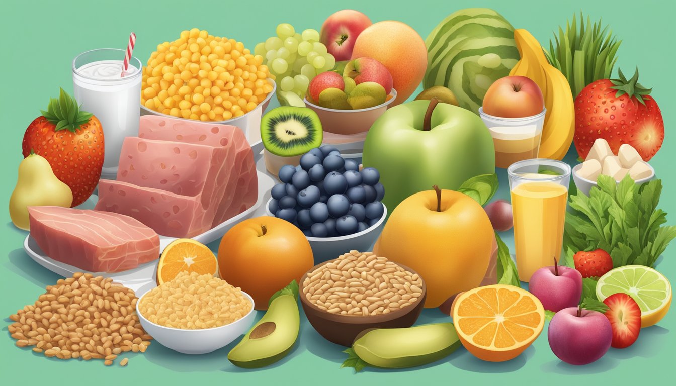 A colorful array of fruits, vegetables, whole grains, and lean proteins on one side, and sugary snacks, processed foods, and fatty meats on the other