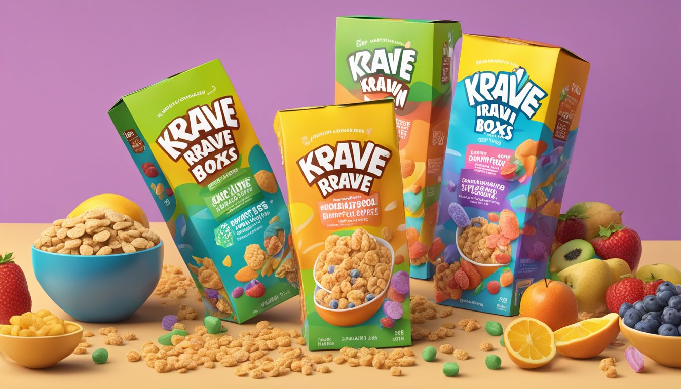 A colorful cereal showdown: Kaboom and Krave boxes side by side, surrounded by a variety of fruits and a nutrition label