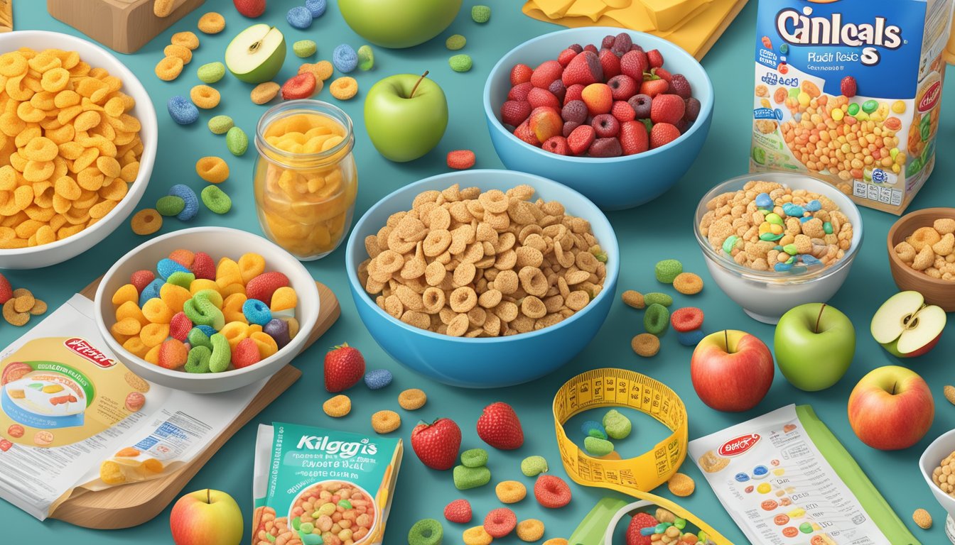 A table with bowls of Kellogg's Apple Jacks and Trix cereal, surrounded by nutrition labels, fruits, and measuring tools for a comparison