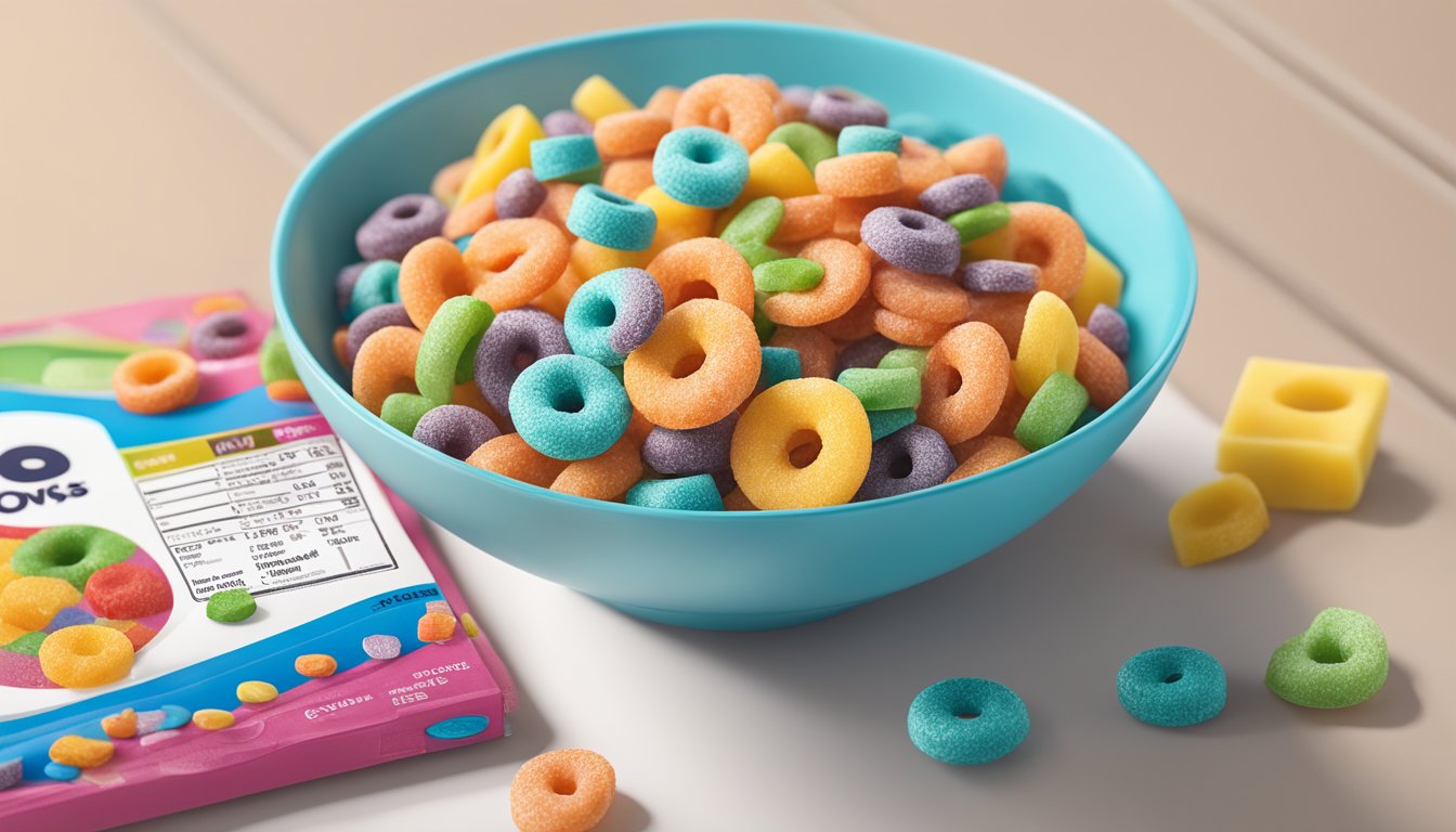 A bowl of Kellogg's Froot Loops and Krave cereal boxes next to a nutrition label comparison chart