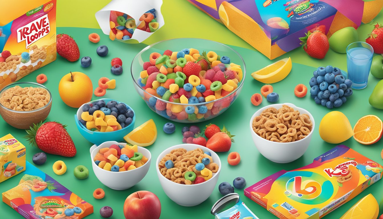 A comparison of Kellogg's Froot Loops and Krave cereal boxes, surrounded by images of fresh, colorful fruits and a magnifying glass inspecting the ingredients