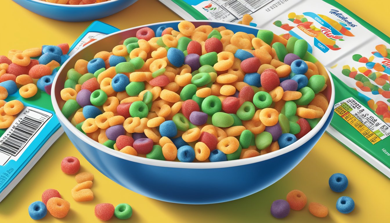 A bowl of Kellogg's Apple Jacks and a bowl of Trix cereal with nutritional labels and fresh fruit in the background