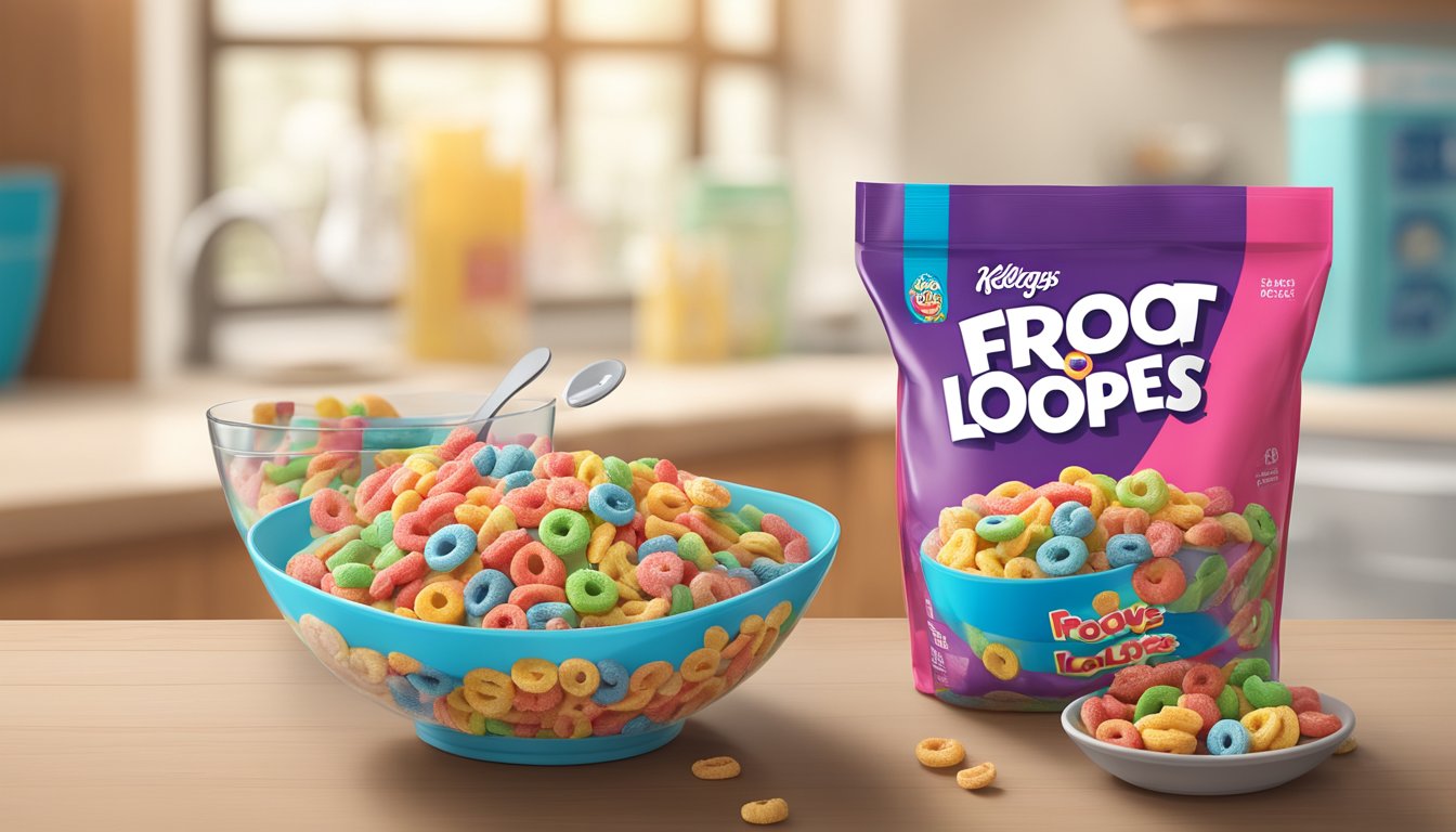 A bowl of Kellogg's Froot Loops and a bowl of Krave cereal side by side, with a measuring tape and a nutrition label in the background