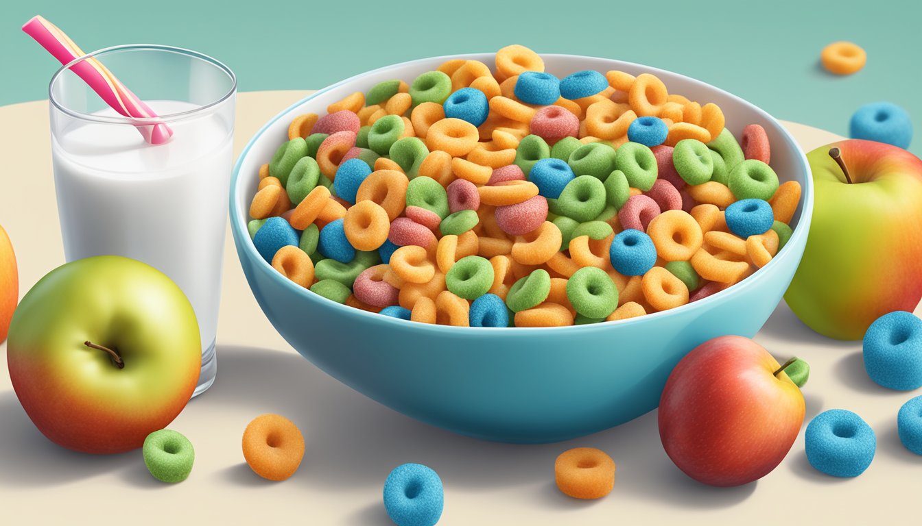 A colorful bowl of Kellogg's Apple Jacks and Trix cereal surrounded by fresh fruit and a glass of milk