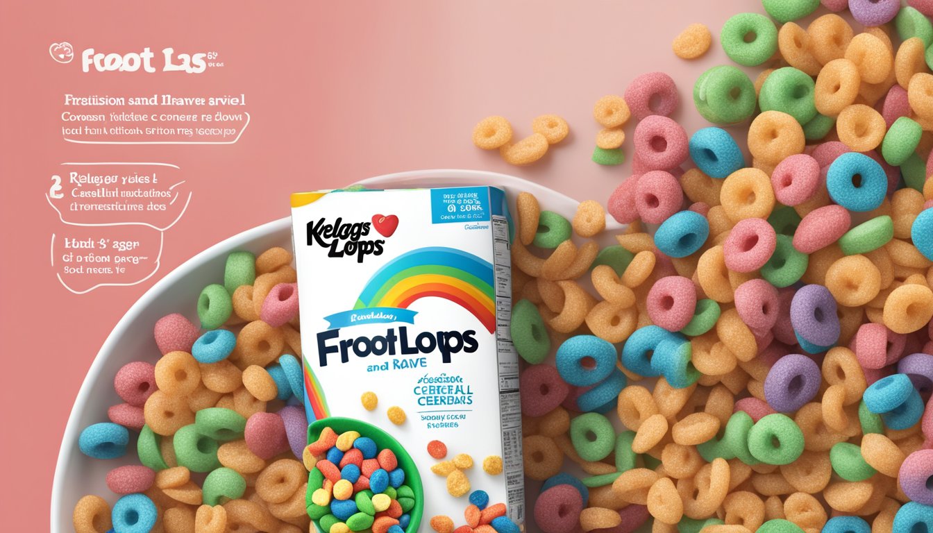 A bowl of Kellogg's Froot Loops and Krave cereal side by side with a nutrition label comparison