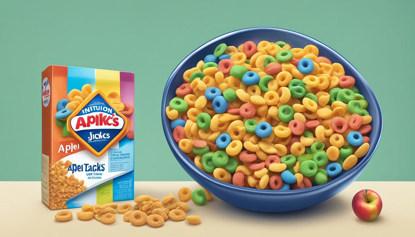 A bowl of Kellogg's Apple Jacks and a bowl of Trix cereal next to each other, with a measuring tape and a nutrition label in the background