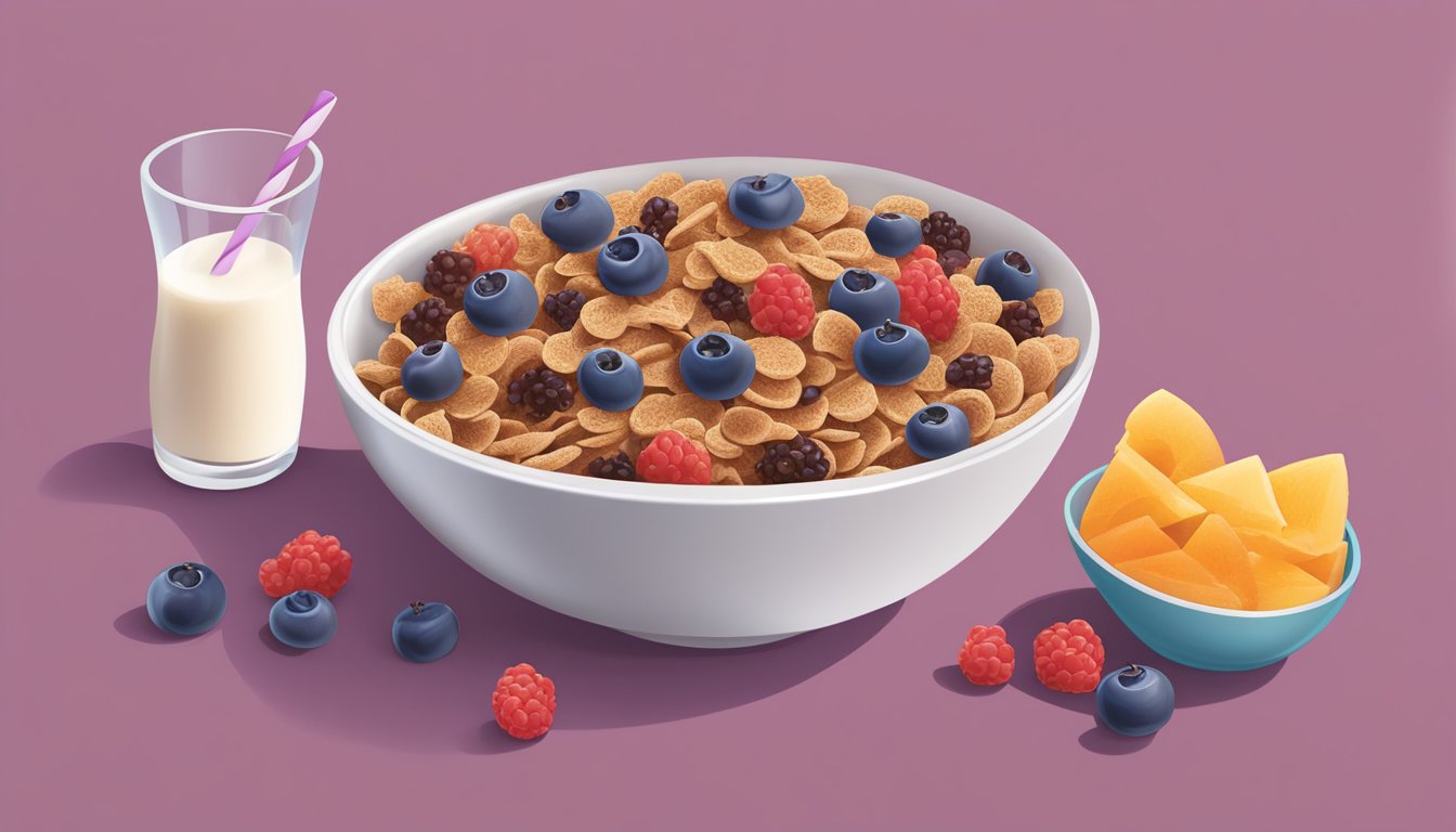 A bowl of Kaboom and Post Raisin Bran cereal side by side, surrounded by fresh fruits and a glass of milk