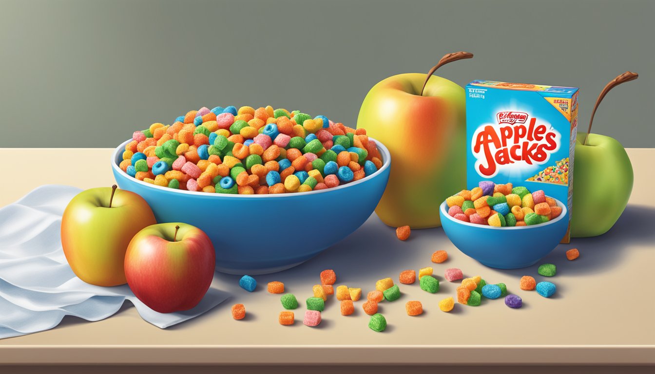 A bowl of Kellogg's Apple Jacks and a bowl of Trix sit side by side on a table, surrounded by fresh fruit and a glass of milk