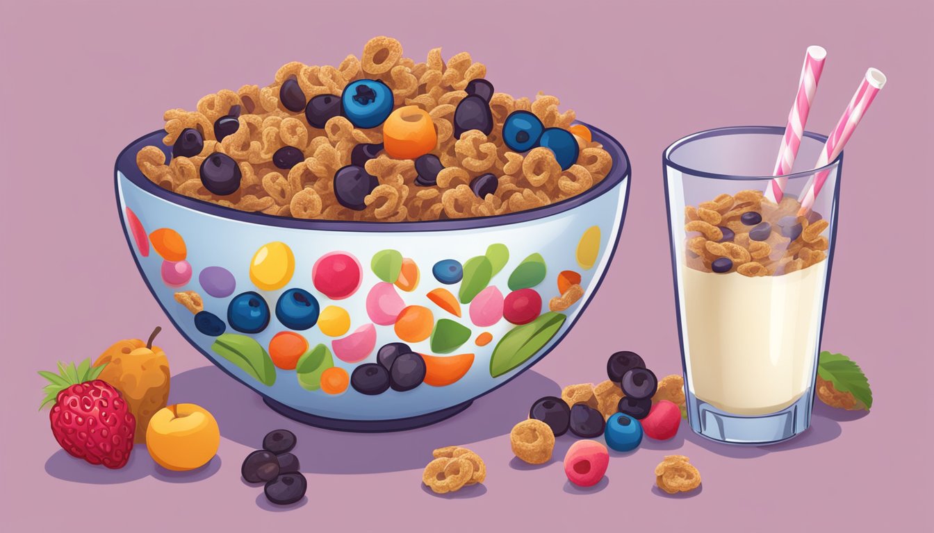 A bowl of Kaboom cereal next to a bowl of Post Raisin Bran, surrounded by various fruits and a glass of milk