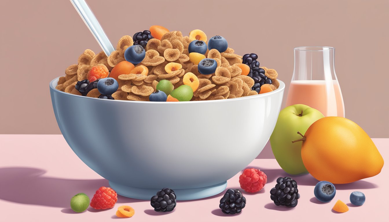 A bowl of Post Raisin Bran cereal and a box of Kaboom cereal surrounded by various fruits and a glass of milk