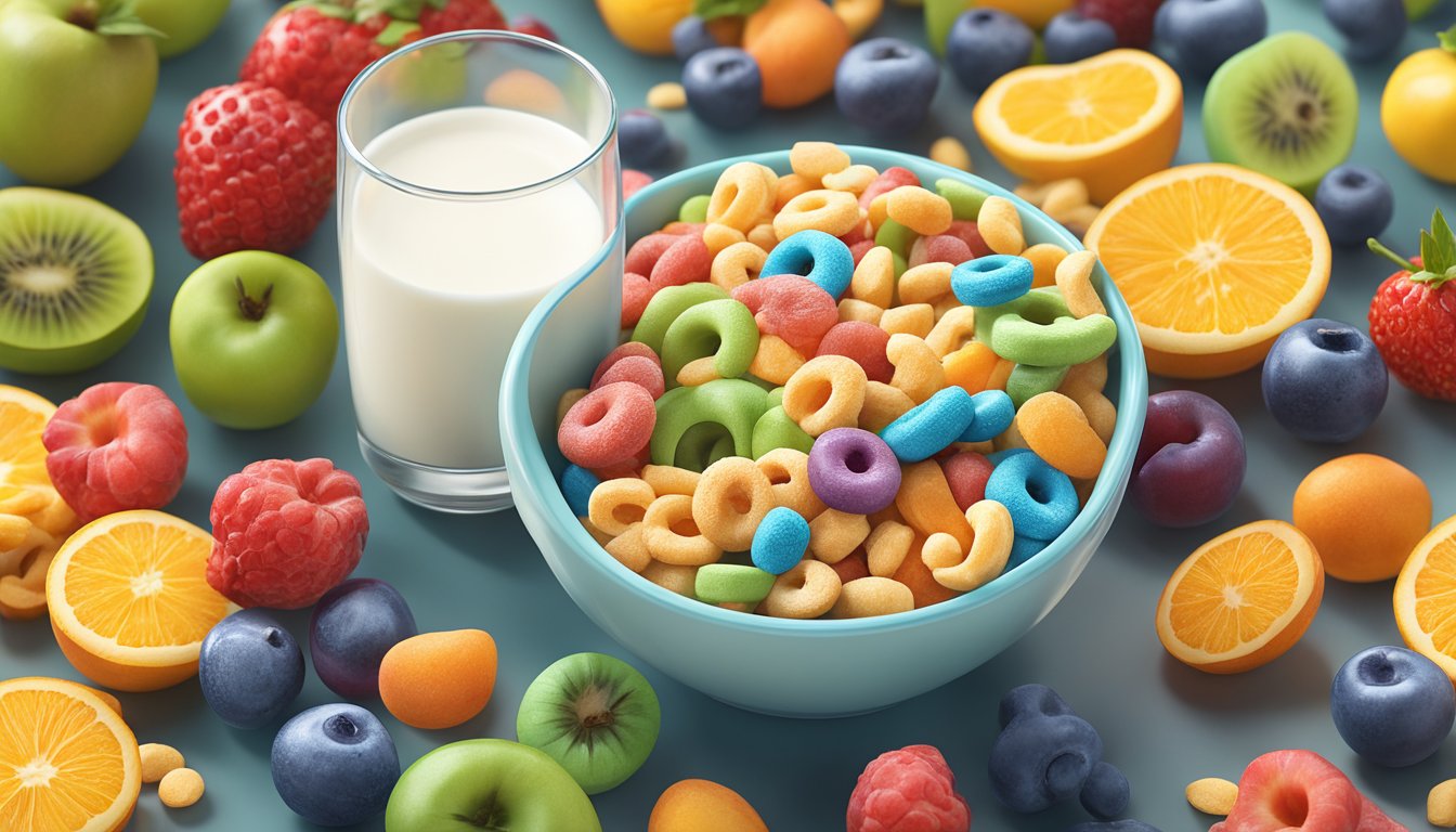 A colorful bowl of Kellogg's Froot Loops and Lucky Charms surrounded by various fruits and a glass of milk, ready for a nutritional comparison