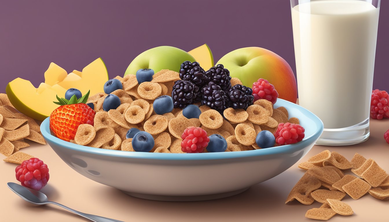 A bowl of Kaboom cereal and a bowl of Post Raisin Bran cereal side by side, surrounded by various fruits and a glass of milk