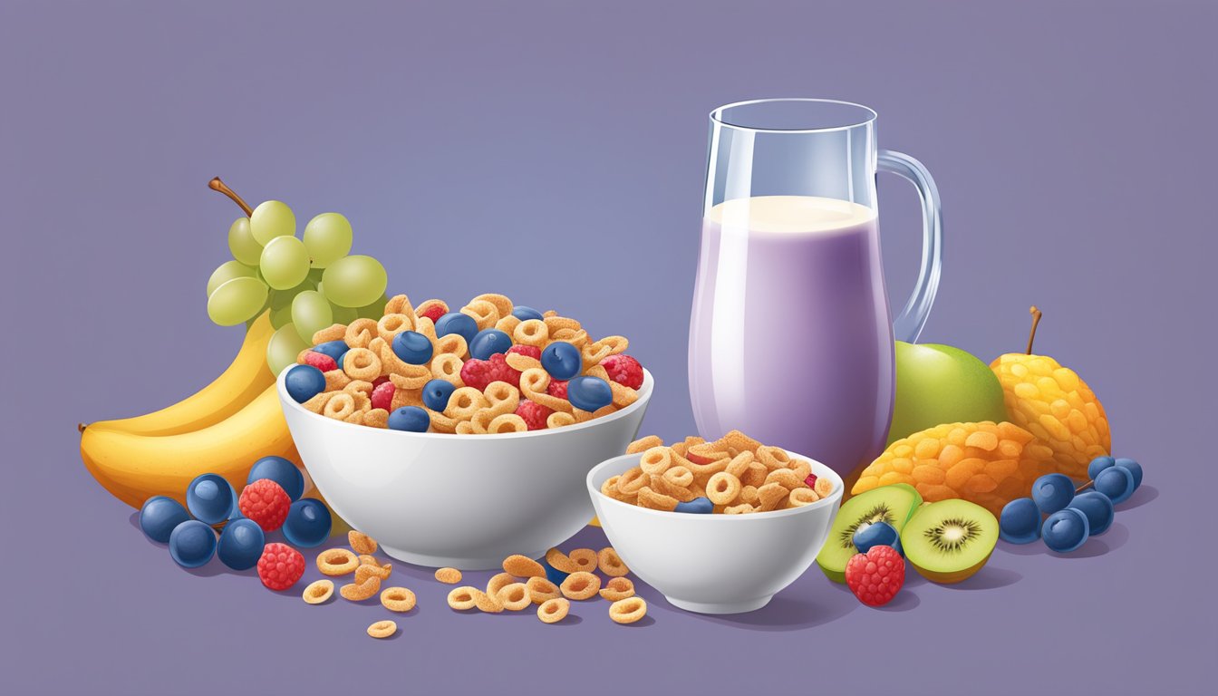 A bowl of Froot Loops and Grape-Nuts Flakes side by side, surrounded by fresh fruit and a glass of milk