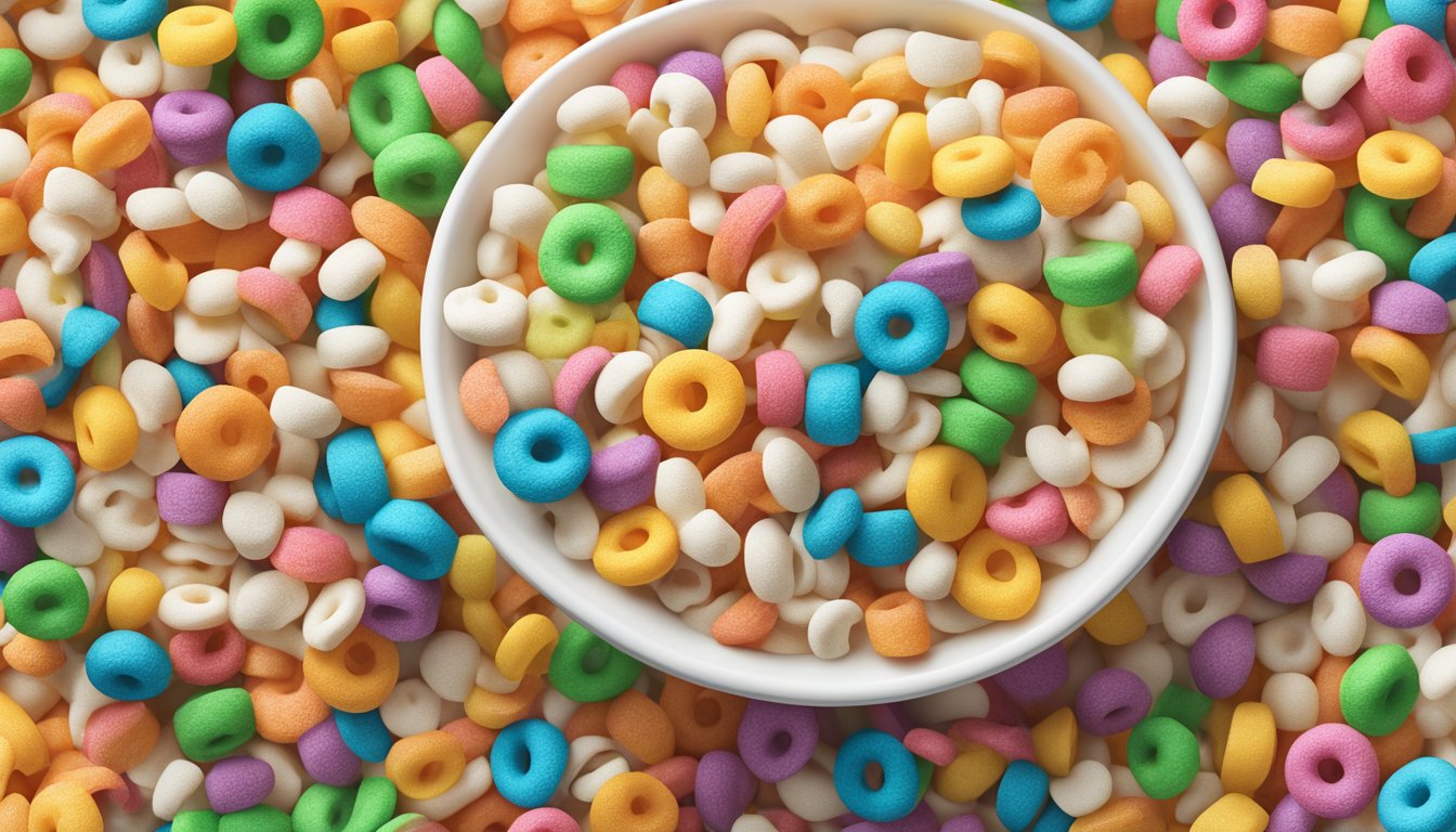 A bowl of Kellogg's Froot Loops and a bowl of Lucky Charms side by side, surrounded by colorful cereal pieces and milk