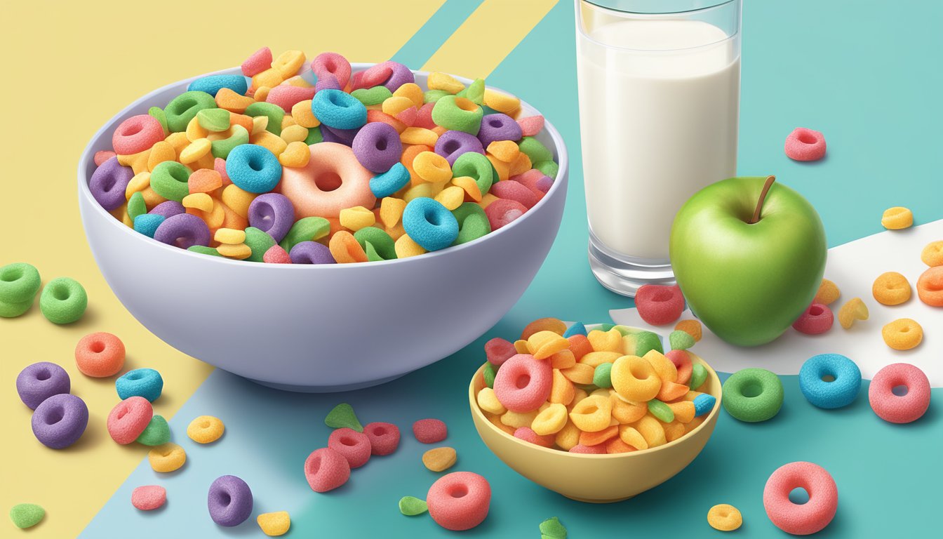 A bowl of Kellogg's Froot Loops and a bowl of Lucky Charms sit side by side, surrounded by fresh fruit and a glass of milk