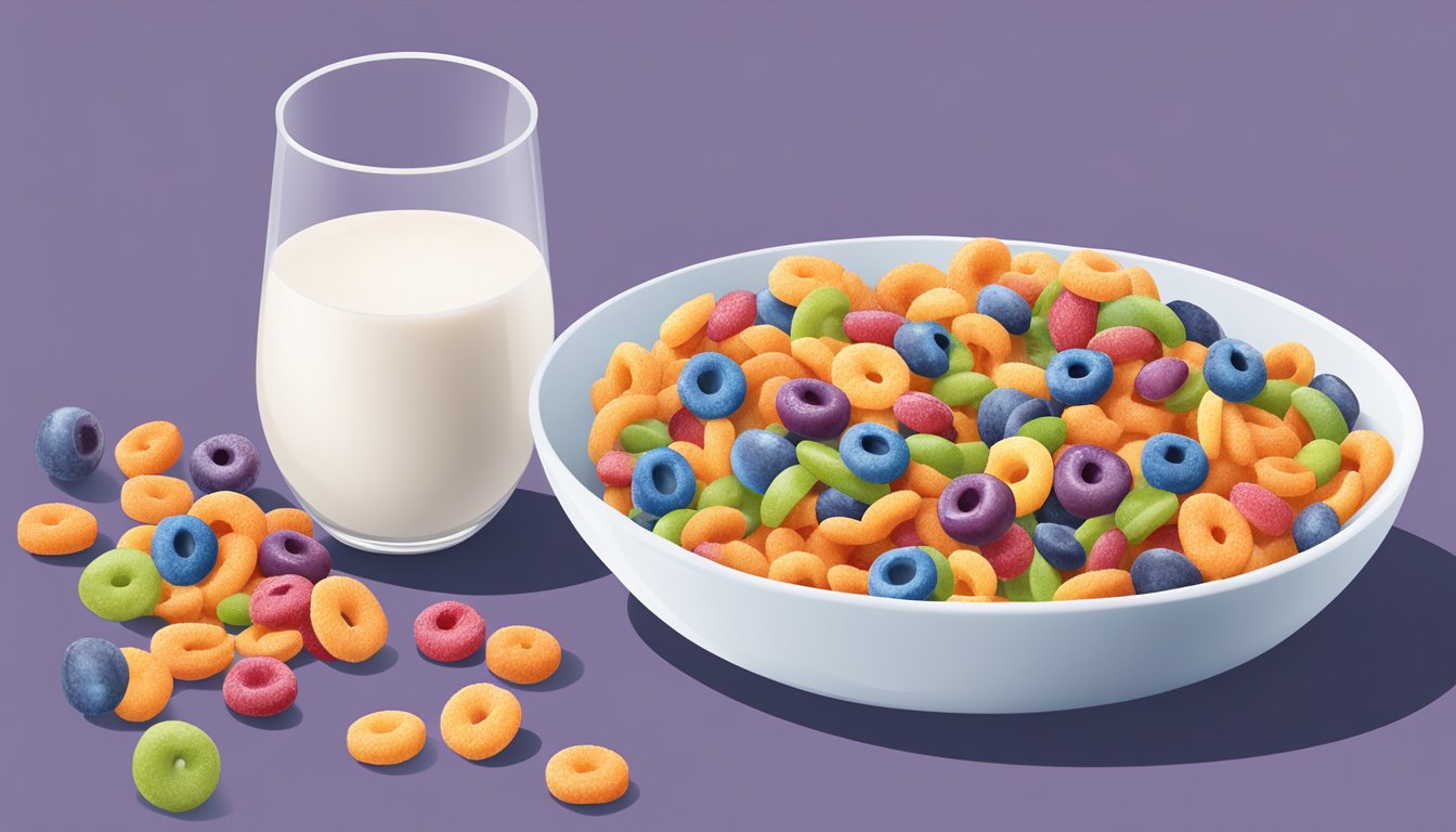 A bowl of Kellogg's Froot Loops next to a bowl of Post Grape-Nut Flakes, surrounded by fresh fruit and a glass of milk