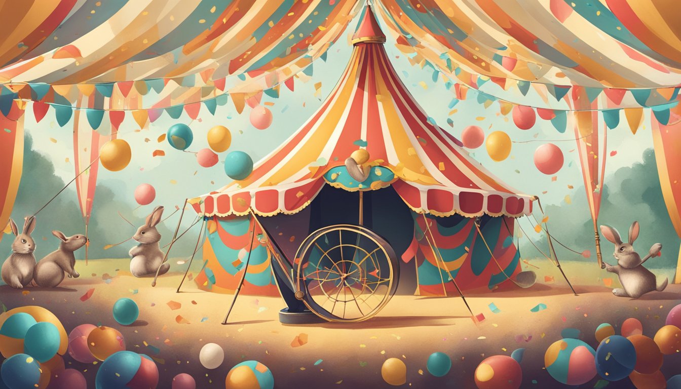 A vintage circus tent with a cannon shooting out confetti, while a rabbit in a top hat jumps through a hoop