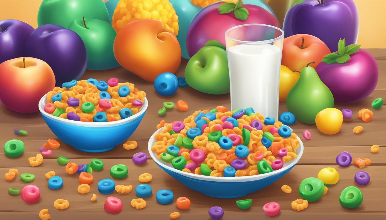 A colorful bowl of Kaboom cereal next to a bowl of Trix on a wooden table, surrounded by various fruits and a glass of milk