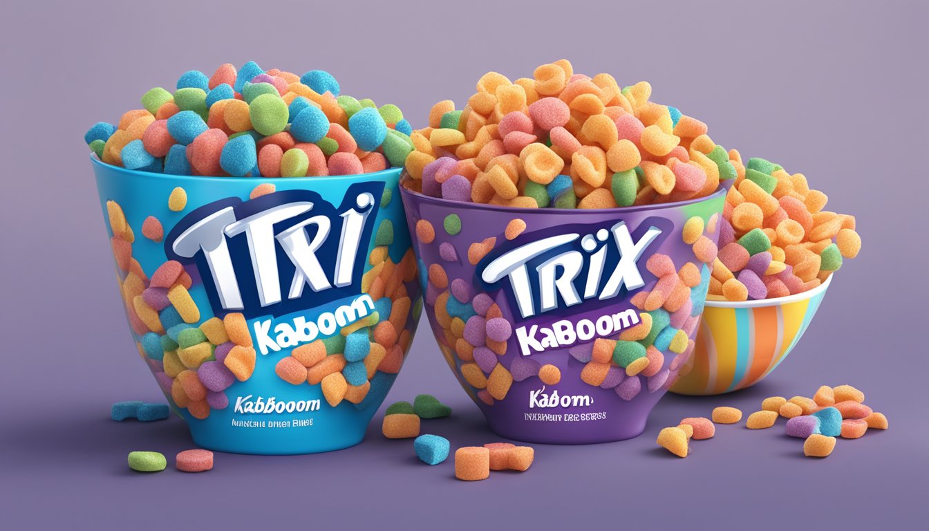 A bowl of Kaboom and Trix cereal next to each other with nutritional labels visible