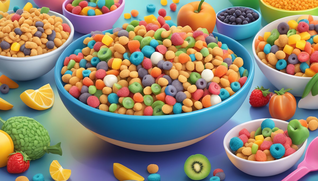 A bowl of Kaboom cereal next to a bowl of Trix cereal, surrounded by various fruits and vegetables