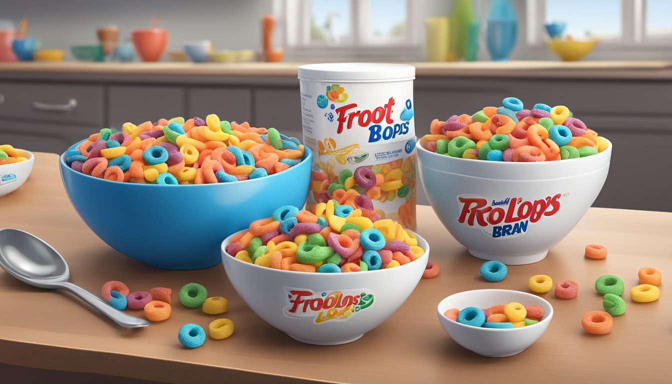 A table with bowls of Kellogg's Froot Loops and Post Raisin Bran, surrounded by measuring cups and spoons, with a nutrition label in the background