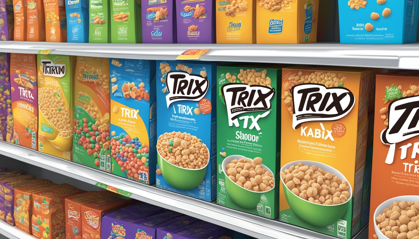 Two cereal boxes, one labeled "kaboom" and the other "trix," sit side by side on a grocery store shelf. Nutritional information is displayed prominently on both boxes