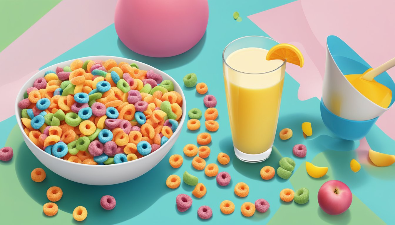 A bowl of Kellogg's Froot Loops and Special K cereal next to each other, surrounded by various fruits and a glass of milk